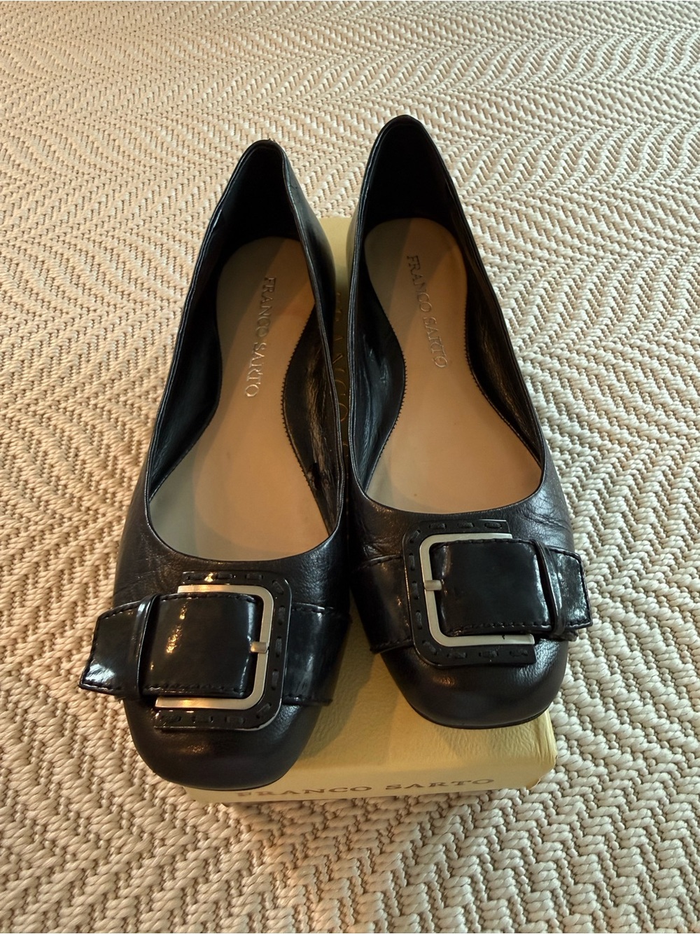 Franco Sarto Black Leather Buckle Flats with Square Accent